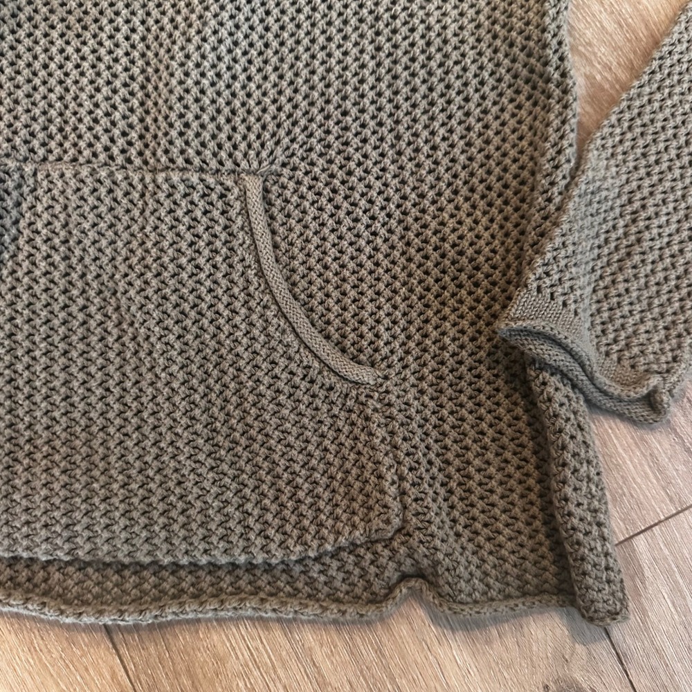 Chicos Cotton Open Knit V-Neck Sweater Olive Taupe Kangaroo Pocket Size 1 M - Picture 4 of 7